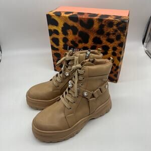 Lemonade Women Combat Boot Size 8M Rhinestone Strap Lace Up Textured Sole